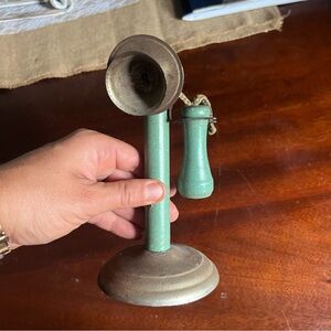 Rare antique children’s toy candlestick phone. Wood handle, aluminum frame, cord